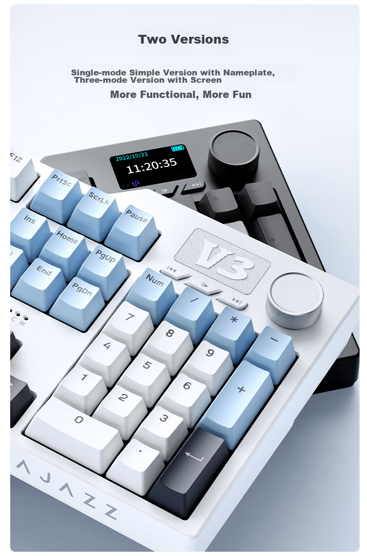 AJAZZ AK35IV3 Wired Hot-Swappable Customizable Mechanical Keyboard, 104 Keys, Gasket Structure, PBT Keycaps, 5-Layer Fill, Blue Light, Blue And White, Sea Salt Switches 5