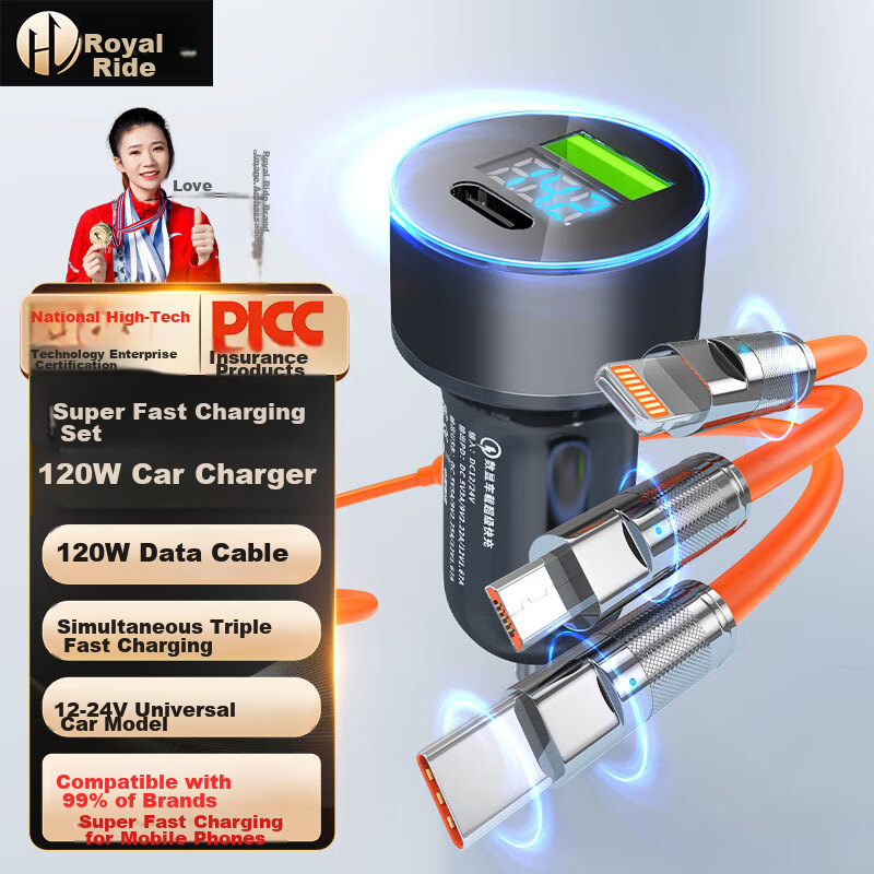 Huangchi Car Charger Cigarette Lighter Adapter, 120W Super Fast Charging, Dual Ports for Apple, Huawei, Xiaomi, Universal