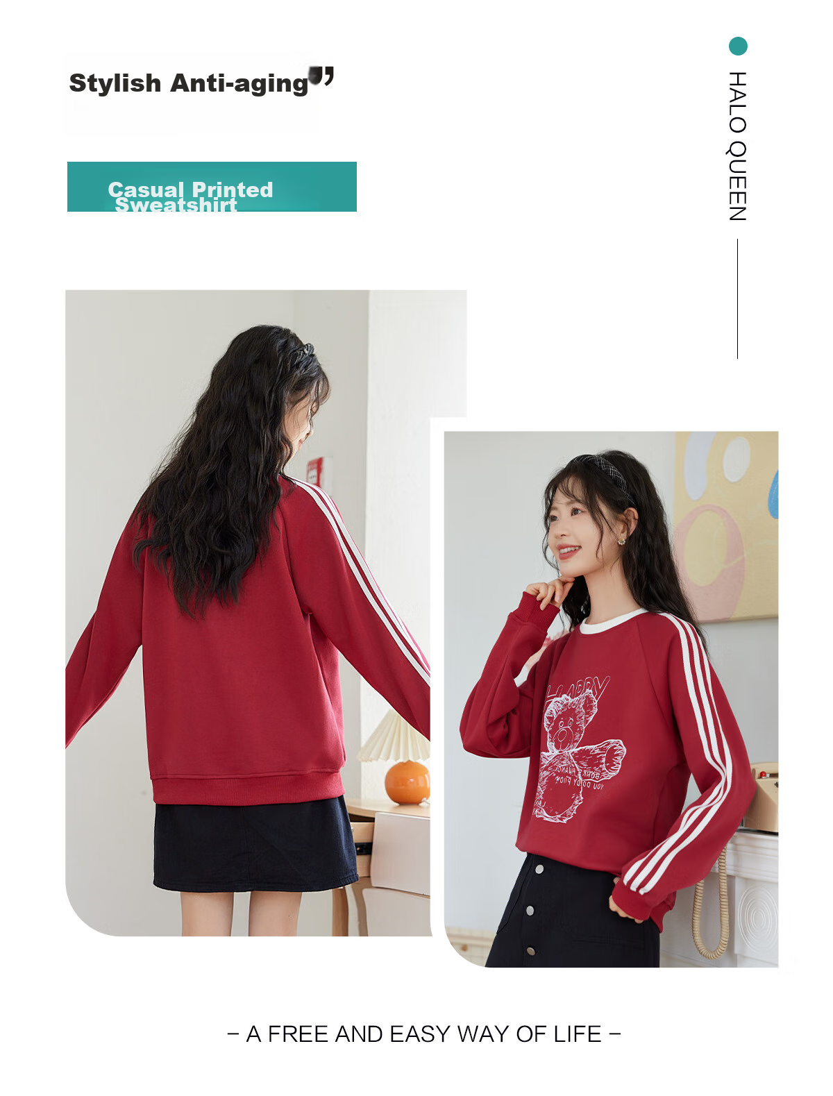 Halo Queen Women's Sweatshirt, Round Neck, Striped, Fashionable New Year Red, Casual Style, Loose-Fitting Top Jacket H143W1017 15