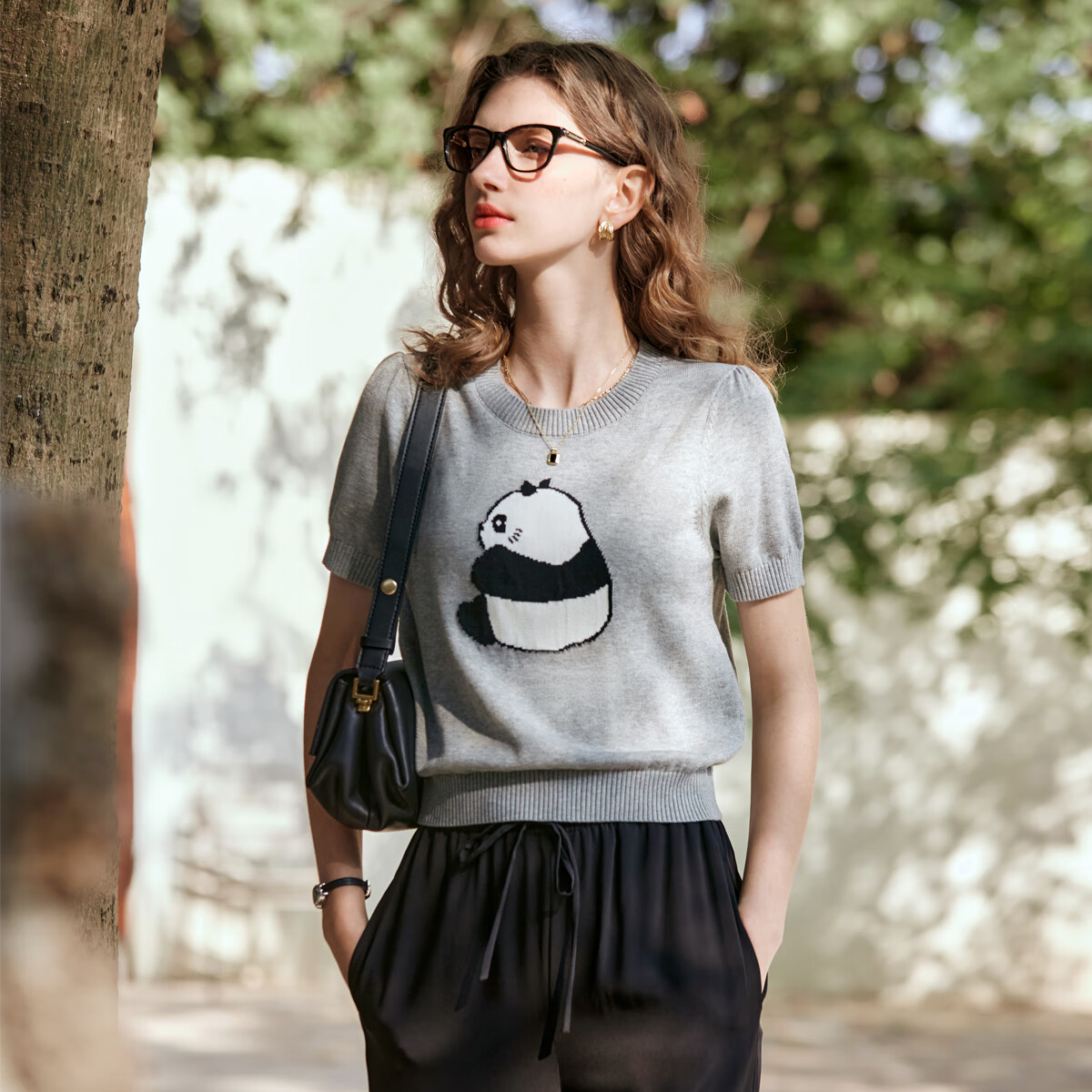 Oulain Elegant Short-Sleeve Knit Top for Women, Spring And Summer Fun Panda Pullover Sweater, Light Gray, L