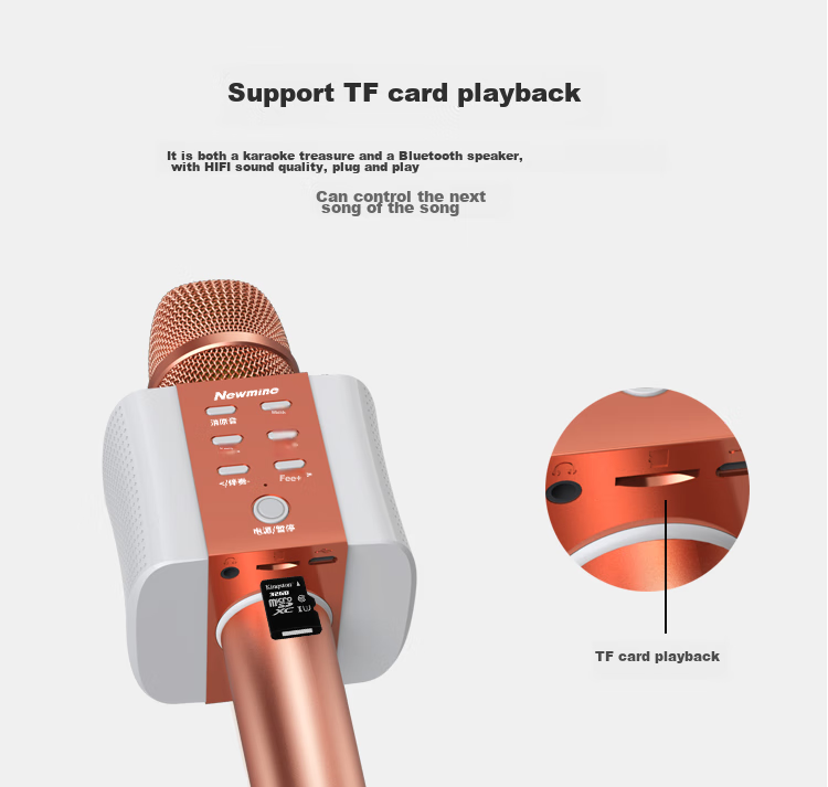 Newmine MC10 Wireless Microphone Karaoke Microphone with Built-In Sound Card, Audio Recording Mic, Little Bee Amplifier, Lectern, Bluetooth Singing Entertainment Device, Rose Gold 14