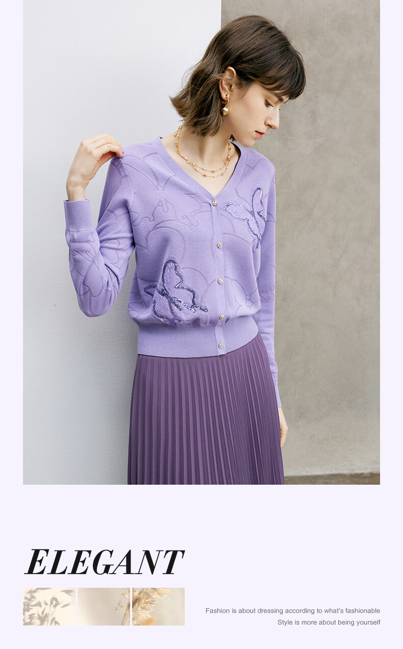 YANYEE Elegant Fashion Knit Top Women 2024 Spring V-Neck Short Cardigan Jacket Purple XXL/44 2
