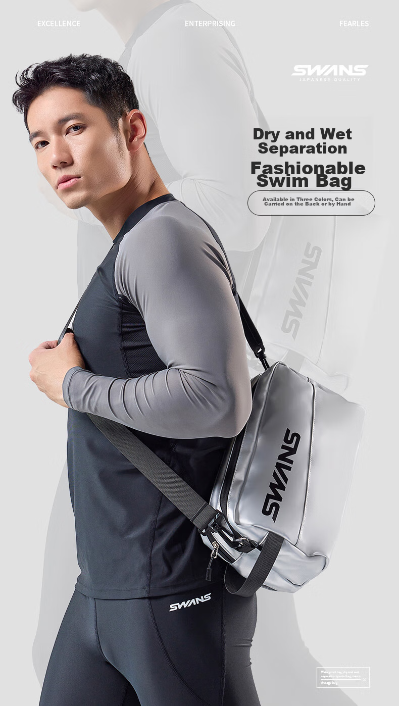 SWANS Dry-Wet Separation Swim Bag, Waterproof Bag, Large Capacity Sports Fitness Crossbody Portable Storage Bag for Men And Women, Silver 1