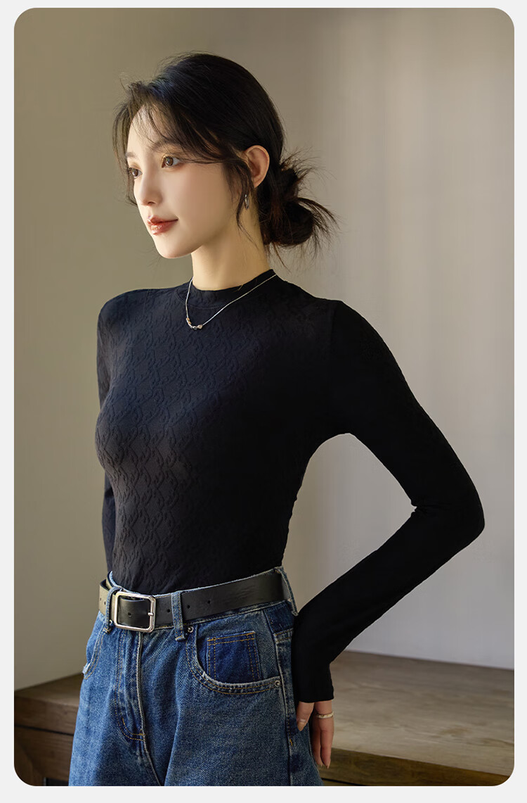 LangSha Base Layer T-Shirt for Spring And Summer, Thin Fit, Waist-Cinching, Women's Warm Black And White Slimming Round Neck Undershirt, Long-Sleeve Top 15