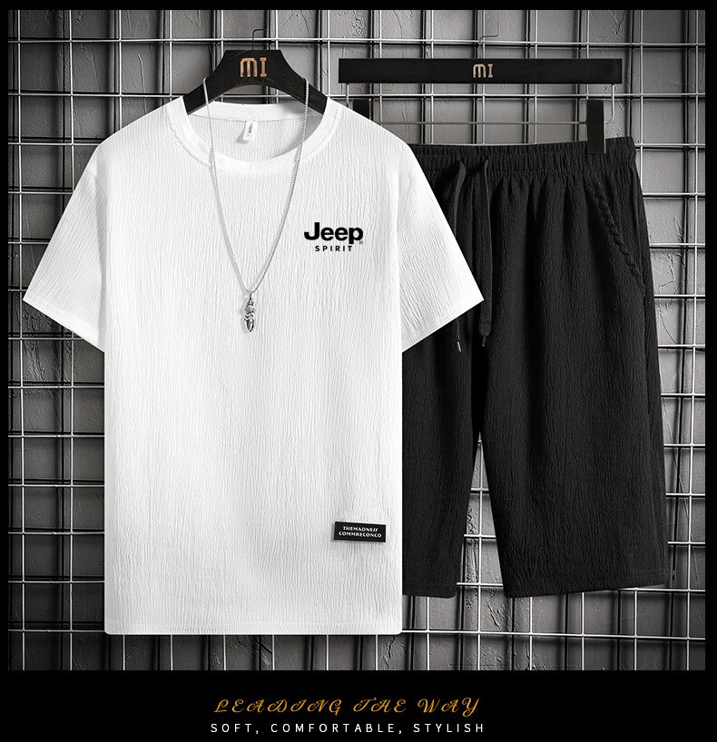 JEEP SPIRIT Summer Short-Sleeve T-Shirt And Shorts Set for Men, Outdoor Sports Casual Versatile Two-Piece Suit, White, Size L 13