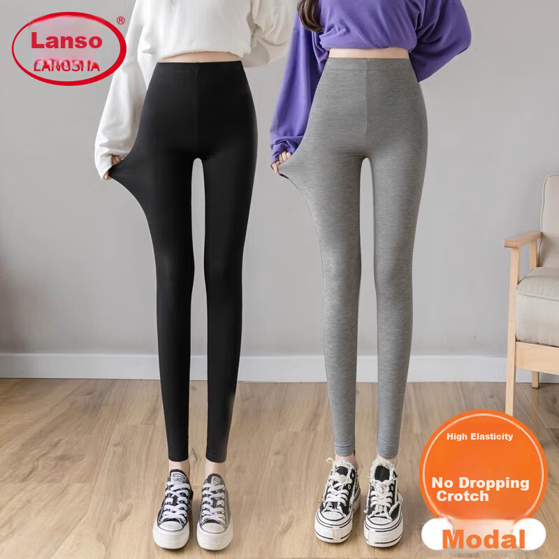 LangSha Modal Leggings for Women, Spring And Autumn Wear, Nine-Point Thin Yoga Pants, Black Slim-Fit Elastic Skinny Pants