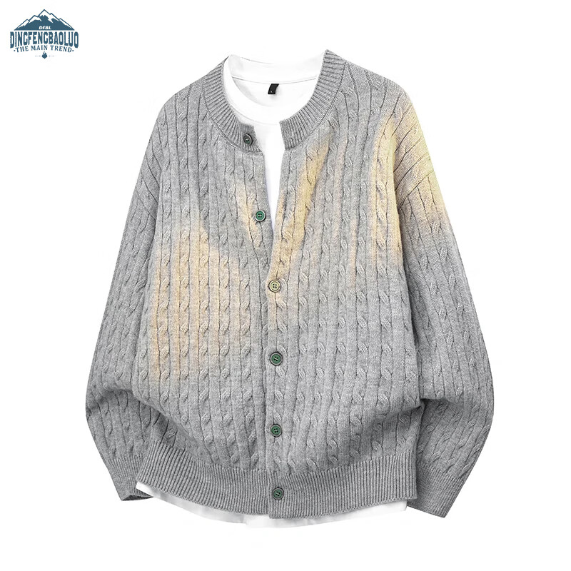 Dingfengbaoluo Cardigan Sweater Round Neck Autumn Winter Premium Button Long Sleeve Knit Jacket XJE10 Cedar Gray 2XL