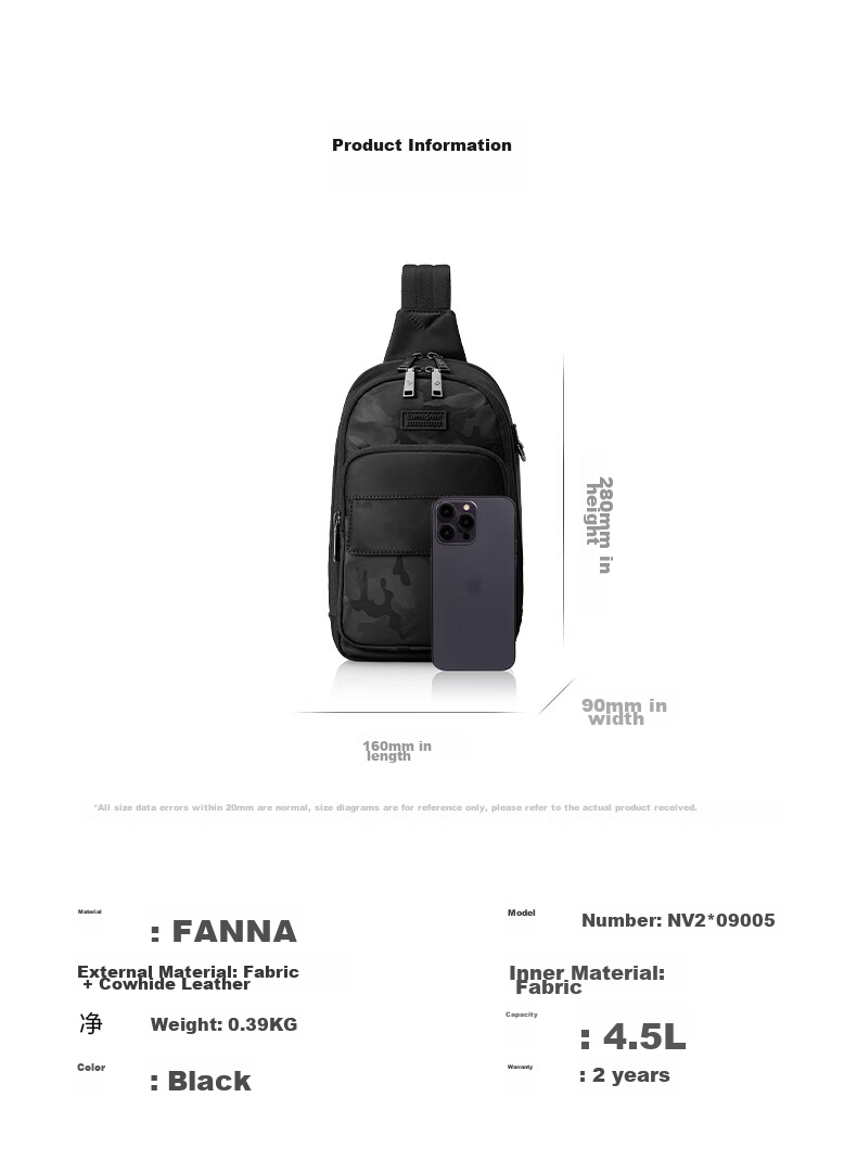 Xinxiuli Shoulder Crossbody Bag, Casual Bag, Travel Bag, Fashionable Trendy Men's NV2*09005, Black 8