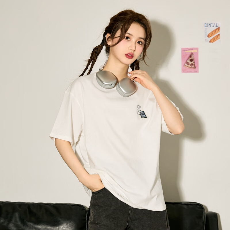 TonLion 2024 Women's Printed Round Neck Short-Sleeve T-Shirt, Off-White, L