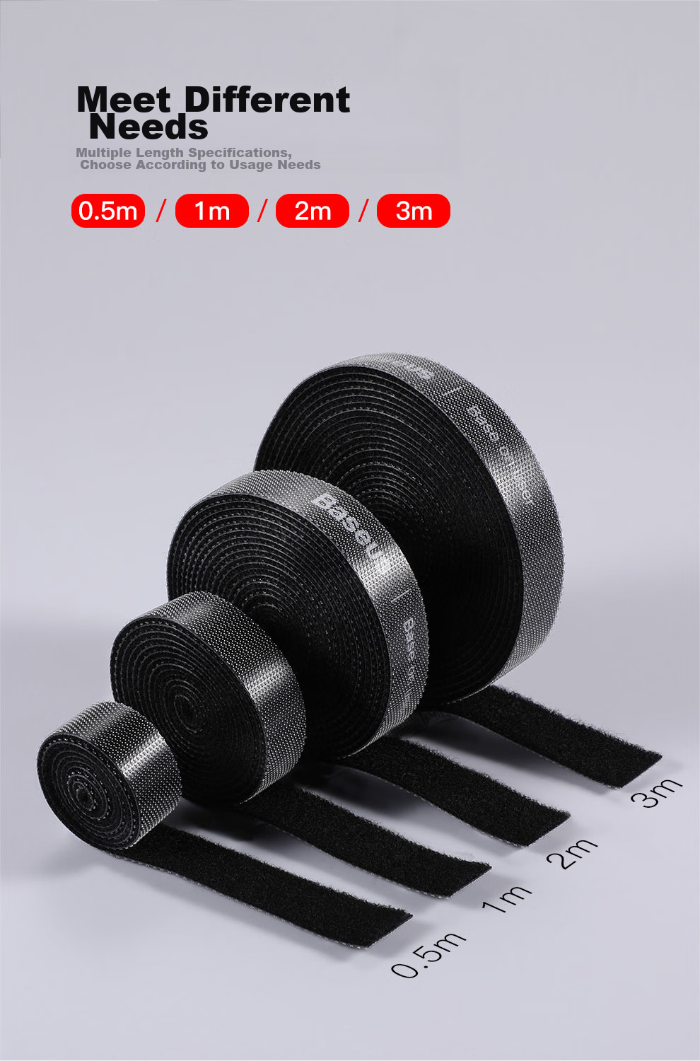 Baseus Computer Cable Management Strap with Velcro, Cable Organizer And Tidy Cable Wrap, Adhesive Nylon Hook Power Cord Cable Tie, Black 3 Meters 8