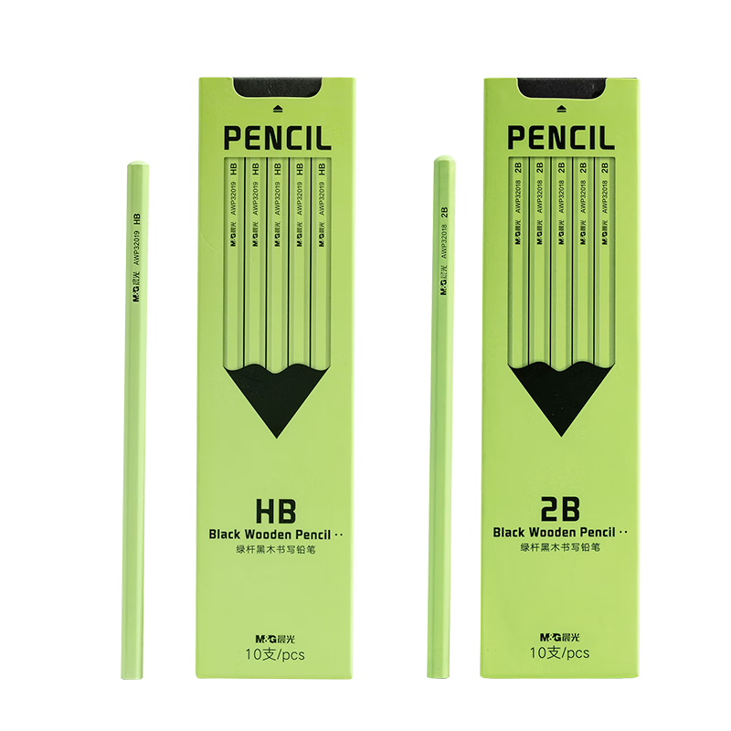 M&G Stationery 2B Premium Black Wood Pencils High-Quality Green Barrel Student Writing Practice Sketching Non-Toxic Lead-Free 10pcs/Box AWP32018