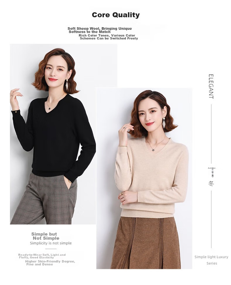 Hengyuanxiang 100% Pure Wool Sweater for Women, V-Neck Loose Base Layer, Autumn And Winter Warm Fashion Knit Sweater, Women's Top 10