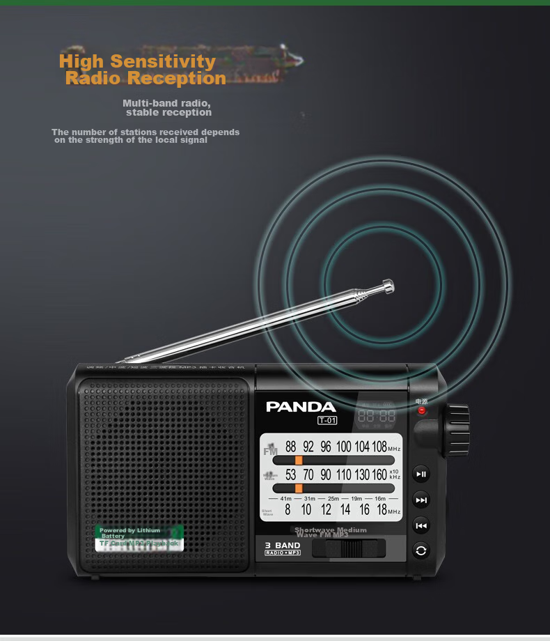 Panda T-01, Gift for The Elderly, Mini Three-Band Semiconductor, Full Band Radio, Card-Slot Lithium Battery Digital Audio Player (Silver) 8