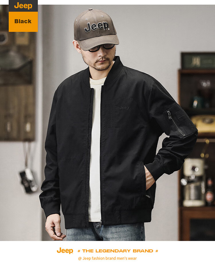 JEEP Men's Jacket, Spring And Autumn Workwear Baseball Collar Casual Clothing, Black, 2XL 20