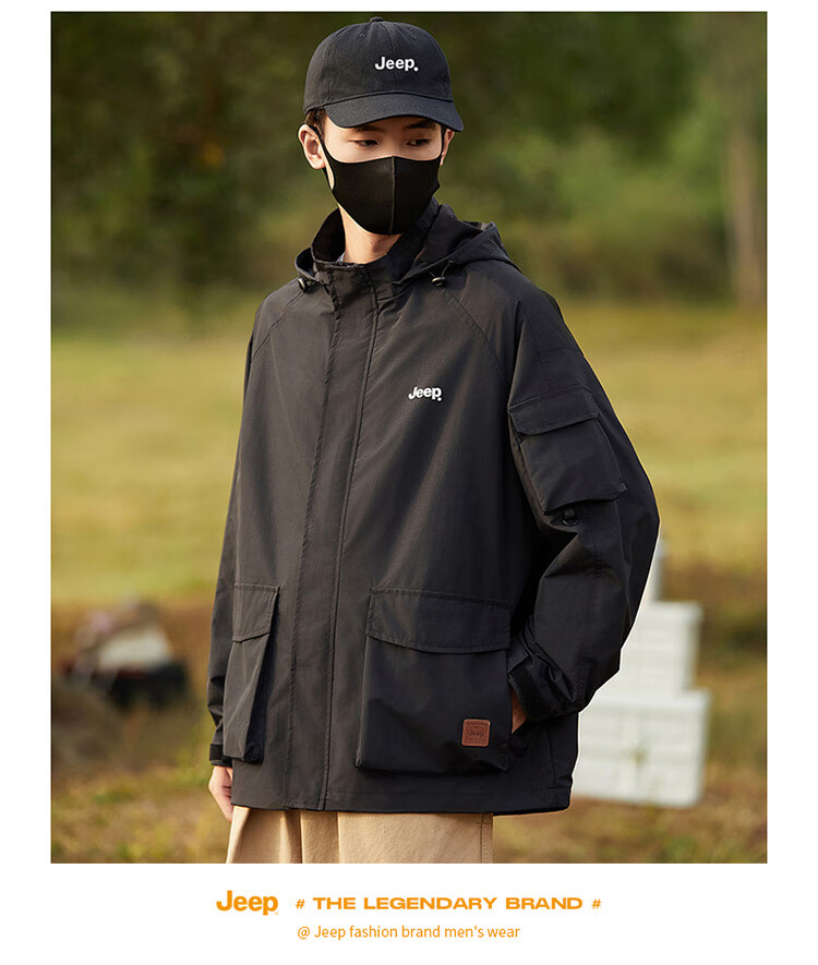 JEEP Men's Jacket, Spring And Autumn Workwear, Loose Casual Windbreaker for Couples, Black, Size M 17