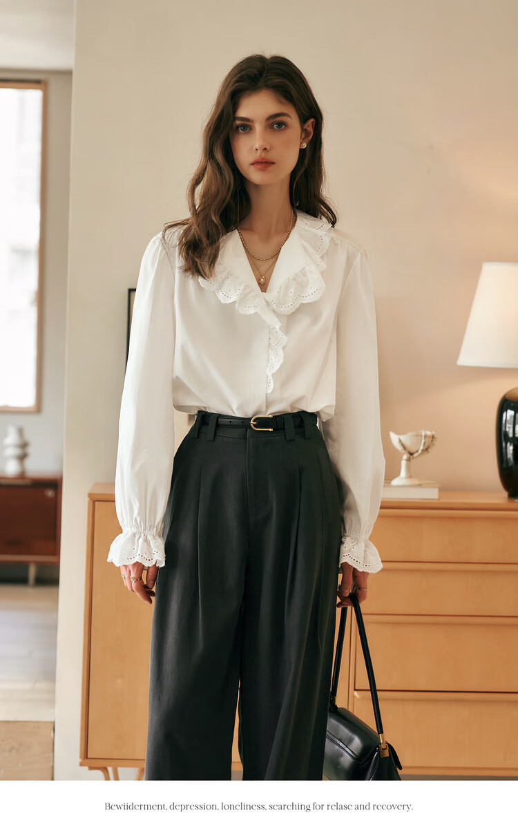 Olrain French Lace Shirt Women Autumn New Elegant Commuter Ruffled Collar Blouse Off-White S 5