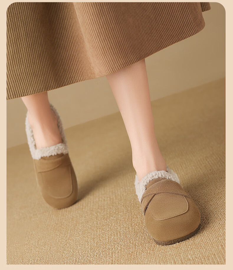 ZHR Bokeng Women's Shoes, 2025 Winter New Style, Fleece-Lined Loafers, Women's Flat Cotton Shoes, Maternity Shoes, EH116B, Khaki, Size 39 9