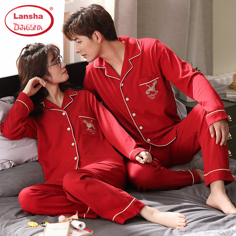 Мужская пижама LangSha, комплект из 100% хлопка, весна-осень, размер 2XL, красный