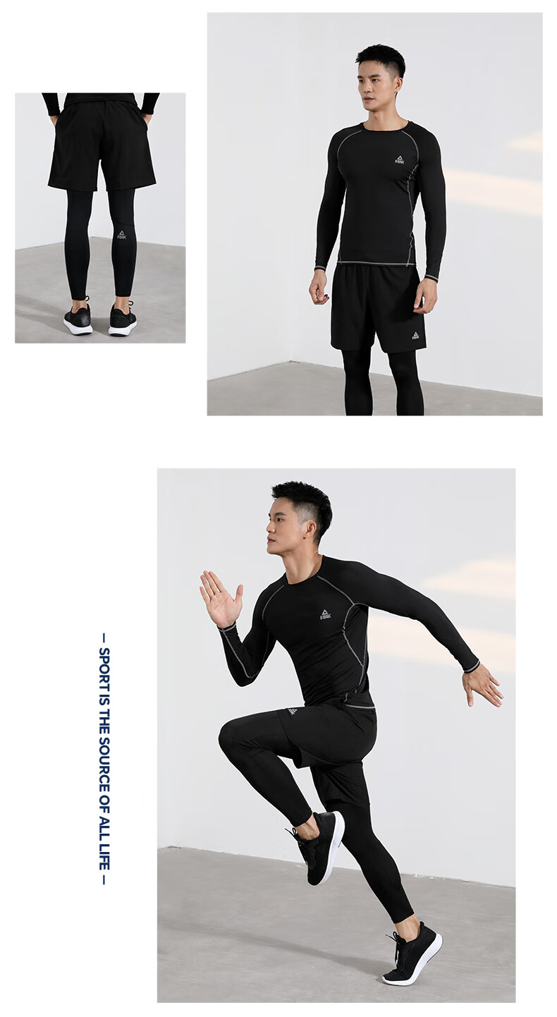 PEAK Fitness Clothing Set for Men, Quick-Dry Shirt, Sweat-Wicking And Breathable, High-Elasticity Badminton Training Three-Piece Set, Black 10