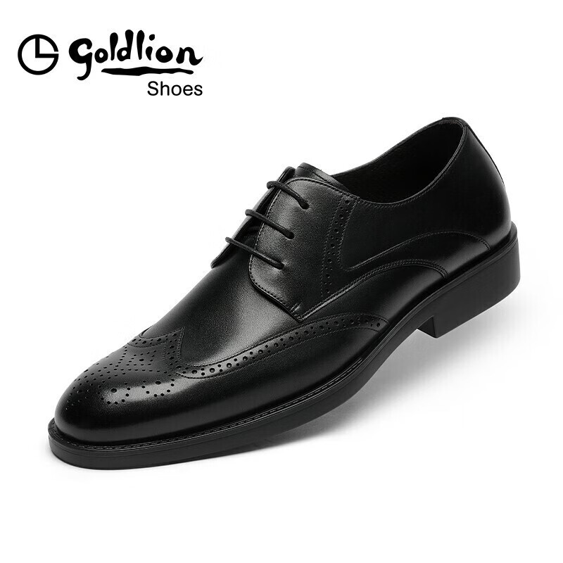 Goldlion Men's Shoes, Urban Formal Wear, Distinctive Carved Leather Shoes, Durable And Comfortable Brogue Shoes, 59621018401A, Black, Size 39