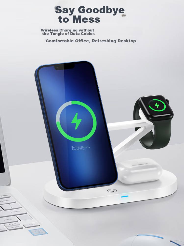 ESCASE Five-In Wireless MagSafe Magnetic Charger for Apple IPhone 16 Pro Max, Watch, Earphones, 15W Fast Charging Stand WBF-32 White 5