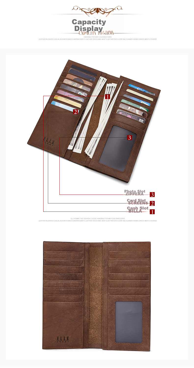 ELLE HOMME Men's Wallet, Long Style, Top-Grain Leather, Multi-Card Slots, Vintage Two-Fold Bill Holder, 0312 Brown, Birthday Gift for Me 11