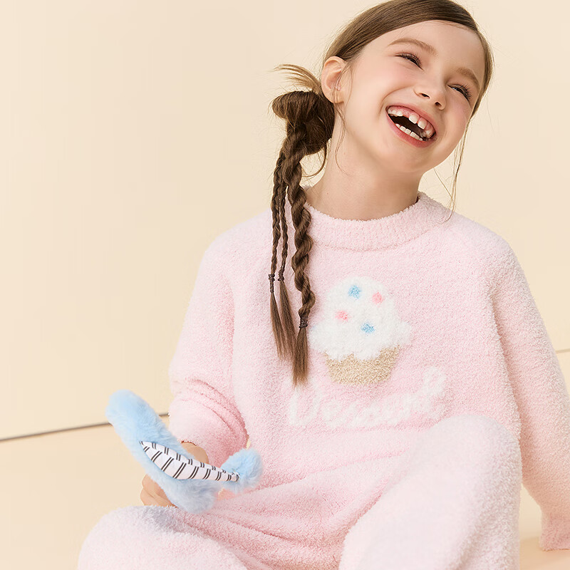 AIMER KIDS Girls' Pullover Long Sleeve Homewear Winter Pink Cute Fuzzy Pajama Set - Fuzzy Cake 140