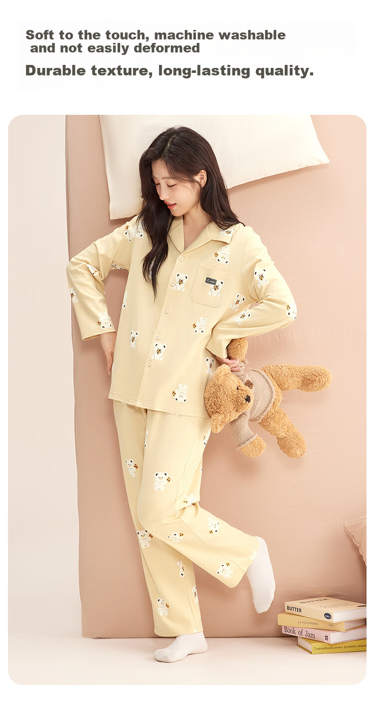 Hodohome Women's 7A Antibacterial Cartoon All-Over Print Pajamas, Pure Cotton Loungewear, Moonlight Yellow, M 5