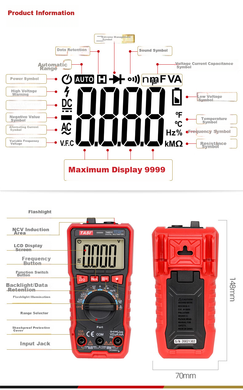Teansi Multimeter, Smart Burn-Proof Digital Multi-Function Portable Automatic Identification Electrician Multimeter TA804A 22