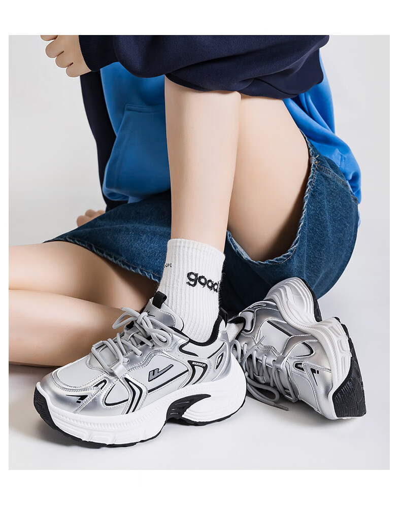 Warrior Women's Sports Shoes 2025 Autumn New Thick-Soled Leather Casual Breathable Dad Sneakers Silver 36 13