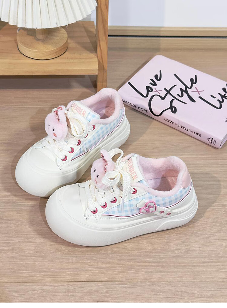 Renben Fleece-Lined Women's Cartoon White Shoes Winter New Cotton Shoes Thick Sole Casual Shoes Khaki Cotton Shoes Size 39 19