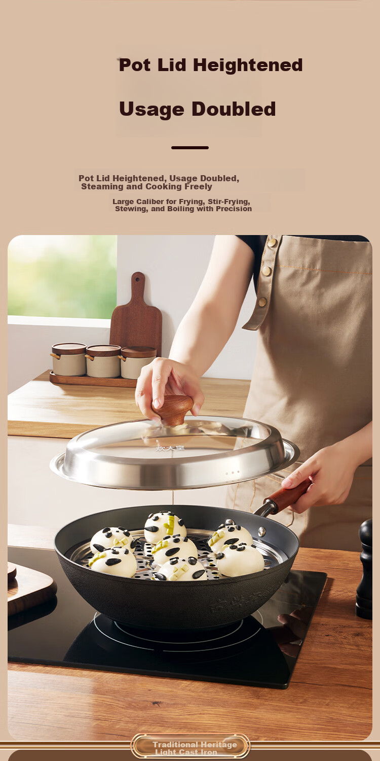 COOKER KING Cast Iron Wok, Traditional Non-heritage Light Cast Iron Pan, Home Use Flat Bottom Stir-Fry Pan, 34cm FY34CG 10