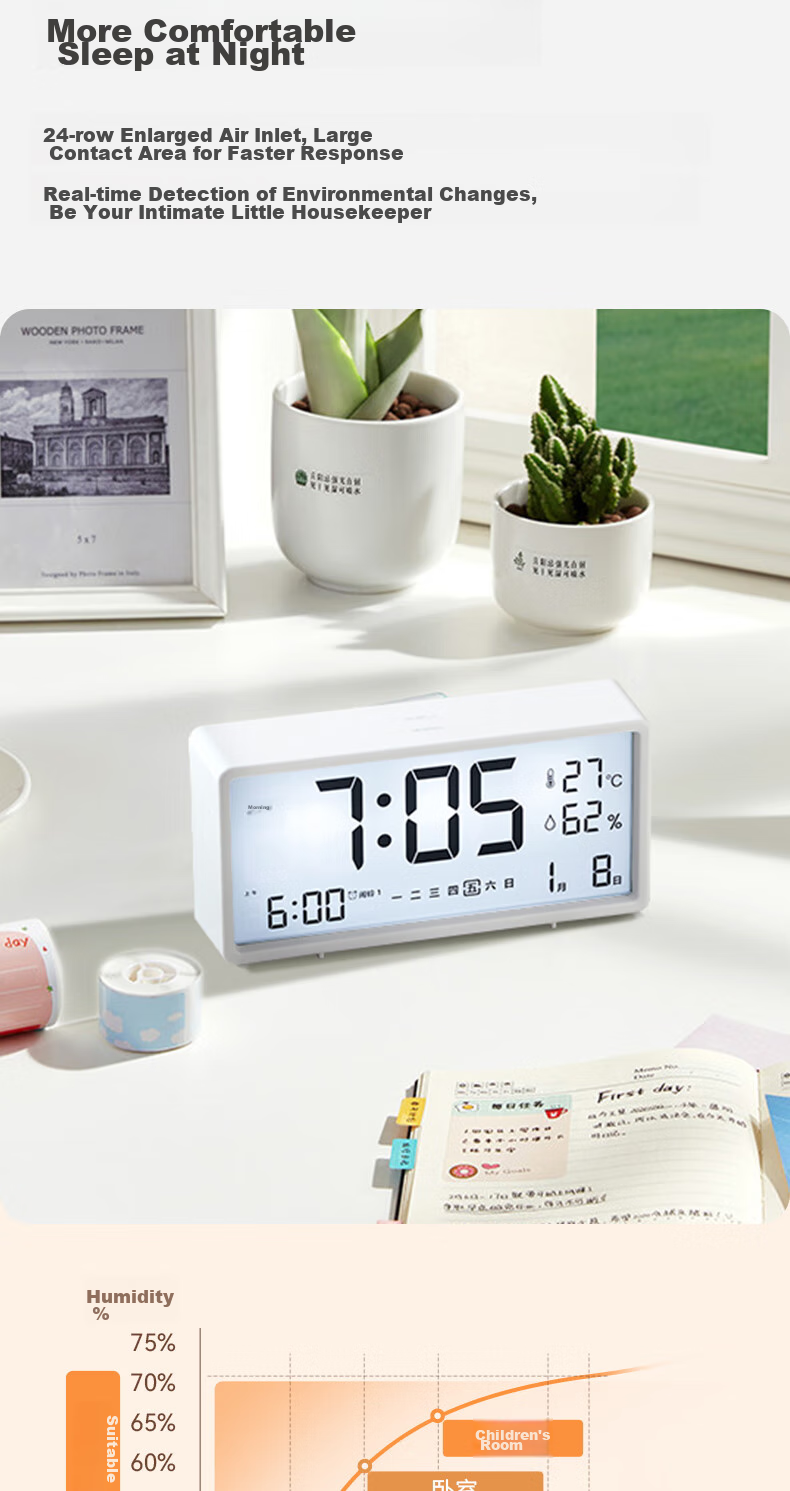 Dretec Japanese Hygrometer, Electronic Clock, Smart Alarm Clock, Student Clock, Backlit Display, Desktop And Bedside Clock, Thermometer, Indoor Home Use, Essential for Back-To Seaso 12