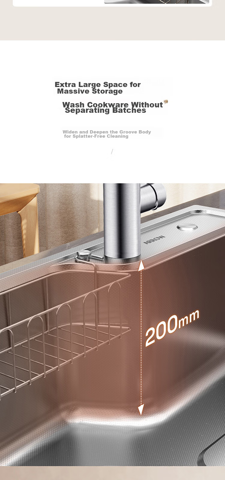 ARROW Sink, Kitchen Vegetable Washing Basin, Stainless Steel, Household Use, Japanese-Style Large Single Sink, AE5575452G23-YSS·75*48 10