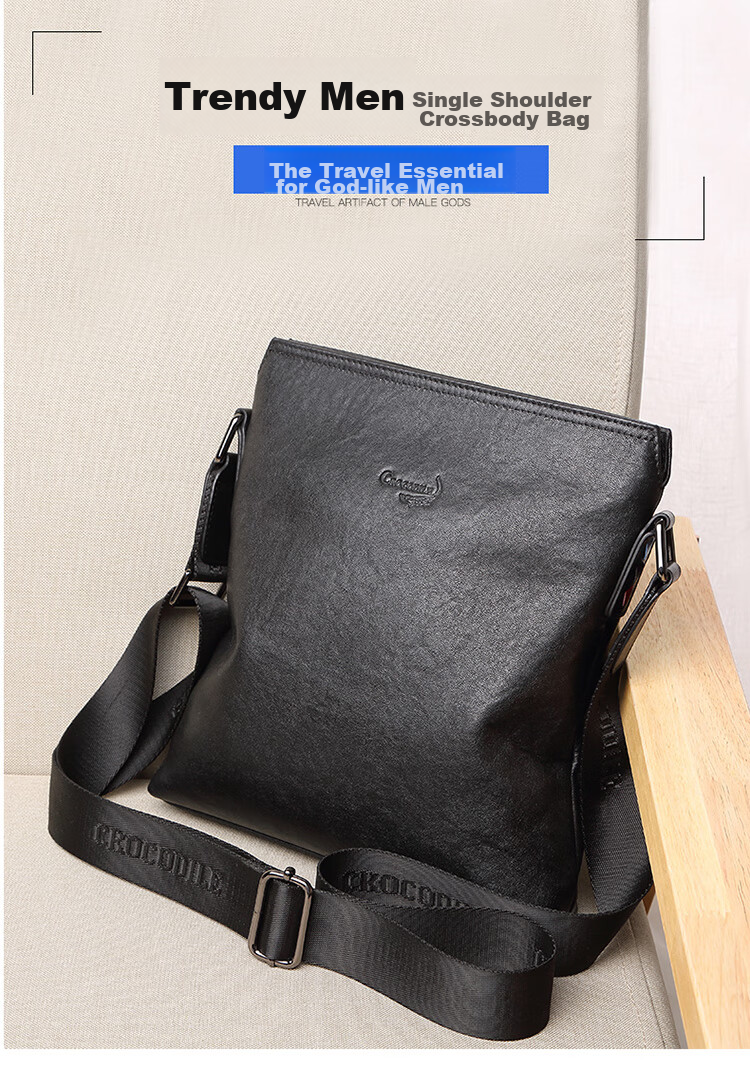 CROCODILE Top-Grain Leather Napa Texture Men's Business Vertical Shoulder Bag Crossbody Bag XT208 Black, Gift for Boyfriend 1