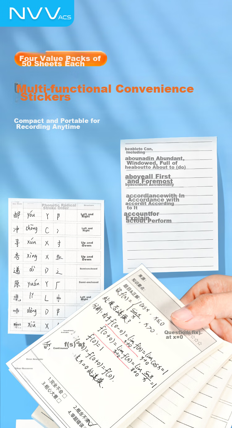 NVV Error Correction Sticky Notes, No-Copy Sheets, 4-Pack Self-Adhesive Memo Pads for Students, Lined Paper for English Vocabulary And Math Exam Error Correction, BL-12 1