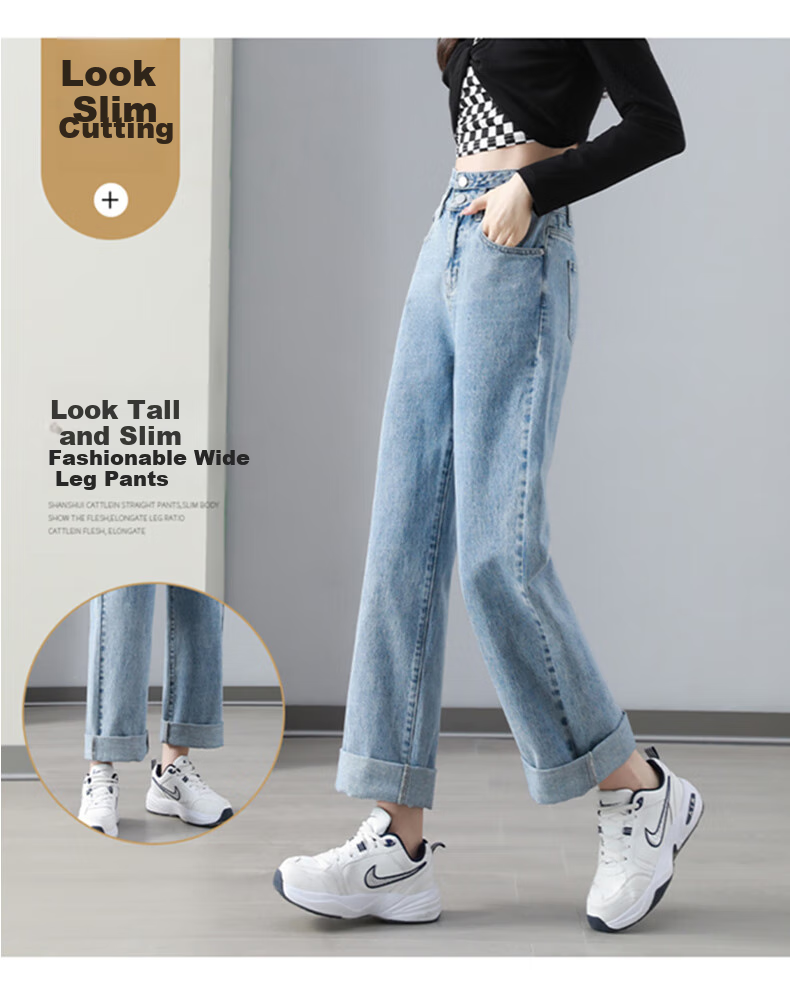 Baleno Slim Wide-Leg Jeans for Women, 2026 New Spring Casual Long Pants, High-End Petite Straight-Leg Trousers for Wome 4