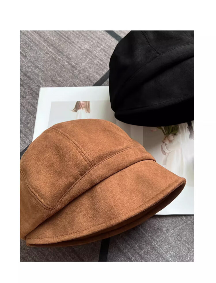 XUEXIMAN Women's Face-Slimming Fisherman Hat Autumn Winter Maternity Cap Large Head Circumference Octagonal Beret Japanese Style Small Brim Bare Face Stacked Hat 11