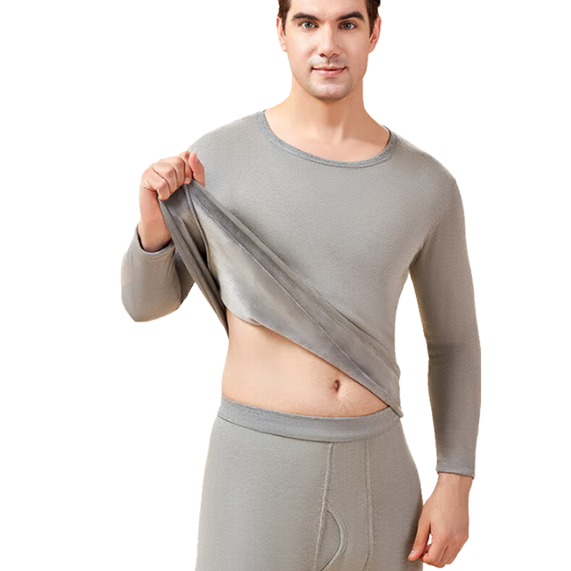 LangSha Thermal Underwear for Men, Thickened And Fleece-Lined, Middle-Aged And Elderly Round Neck, Autumn And Winter Undershirt And Long Johns, Warm Set, Light Gray L