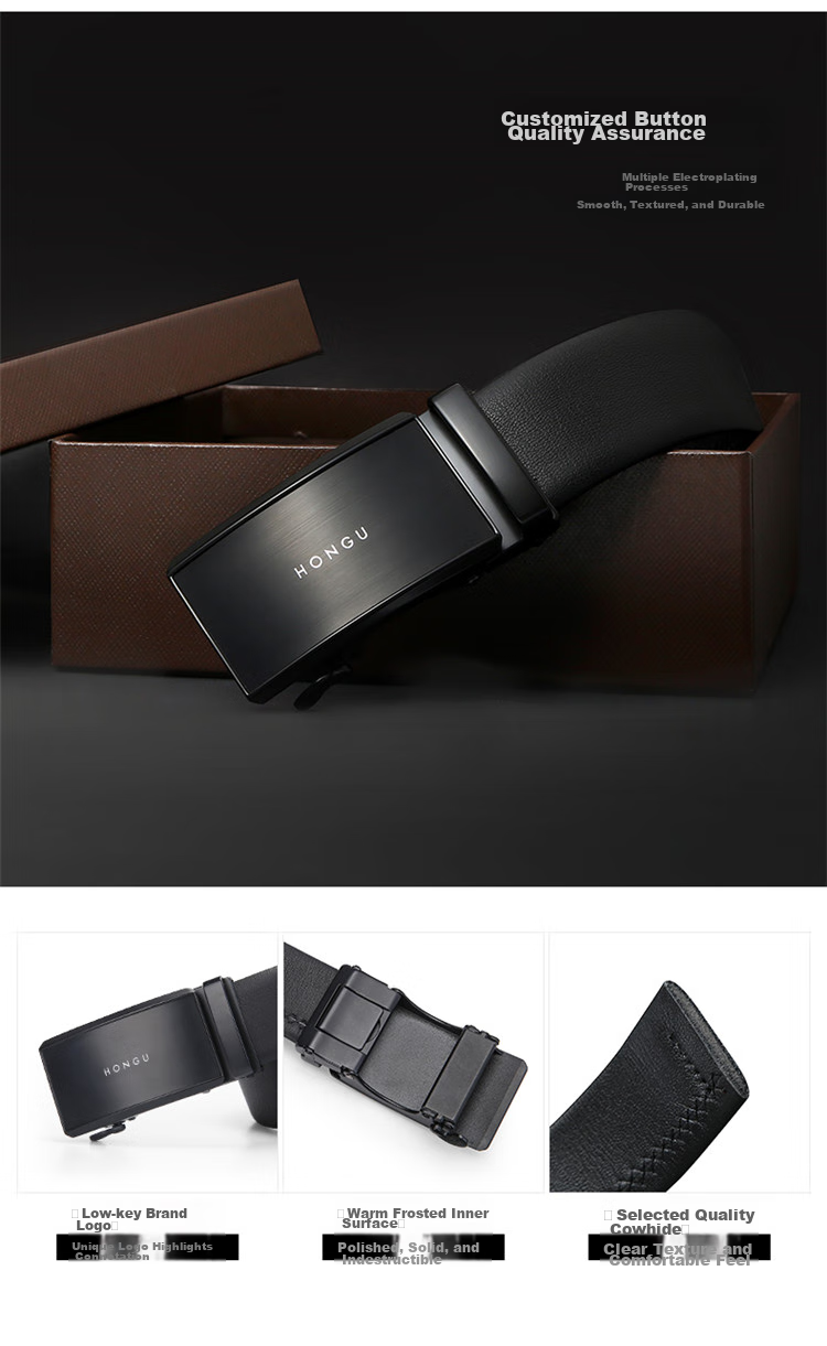 HONGU Men's Belt, Top-Grain Leather, Automatic Buckle, Waist Belt, Gift Box Packaging, 115cm, Birthday Present 4