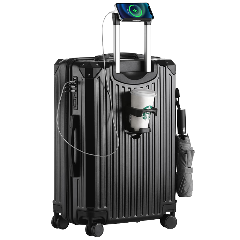 Vantiiear USB Charging Luggage with Cup Holder, Small Carry-On Suitcase for Men And Women, Travel Case with Password Lock, Black, 20 Inches