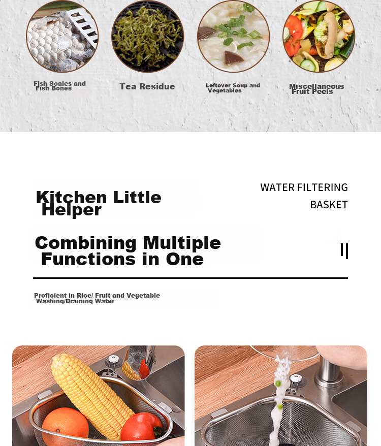 Dipuer Triangular Sink Strainer, Stainless Steel Kitchen Utensil, Multifunctional Drainage, Leftover Food Residue Drainer, Storage Rack 5