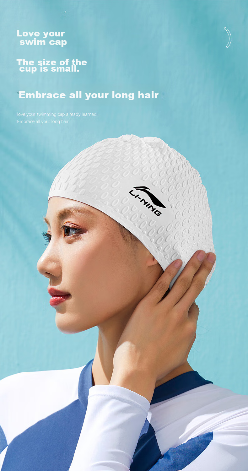 Li-Ning Women's Swim Cap, Comfortable to Wear, Concave Non-Slip Design, Long Hair Silicone Waterproof Swimming Cap, 818 White And Black 2