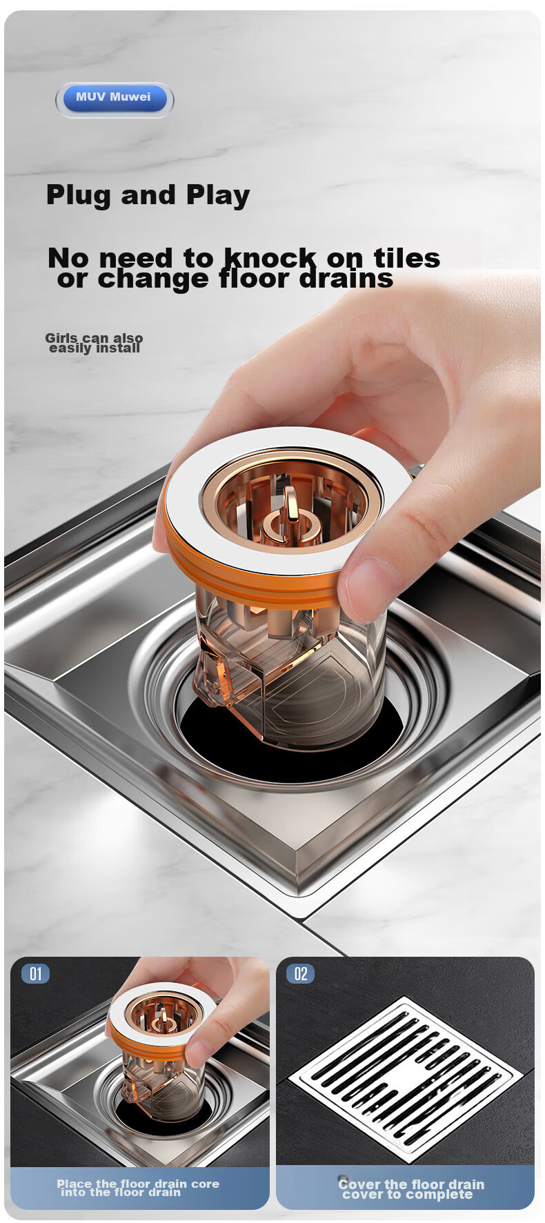 Muvi Drain Anti-Odor Core, Sewer Deodorizer, Bathroom Drain Anti-Odor Device, Anti-Backflow Pipe Blocker 11