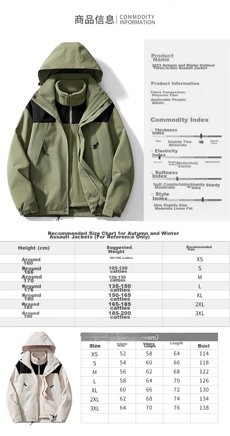 JEEP SPIRIT Men's Windproof Three-In Jacket for Spring, Autumn And Winter, Outdoor Hiking Coat, Army Green, Size S 11
