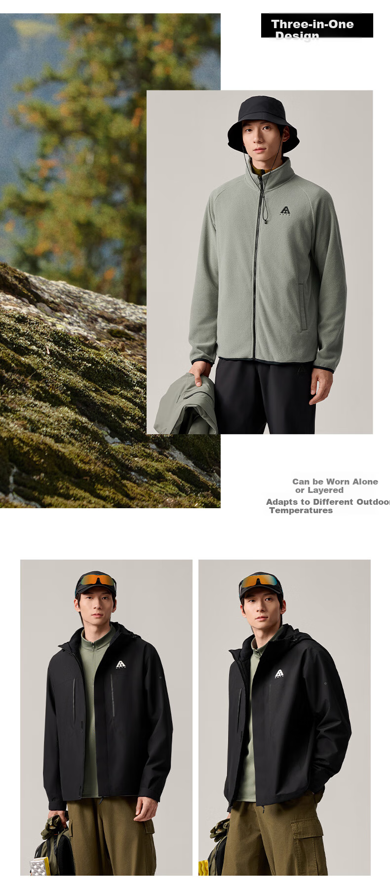 ANTA Water Shell Jacket | Dadi Zhike 3.0 Functional Three-In Jacket for Men, Windproof, Waterproof, Fleece-Lined Two-Piece Set 14