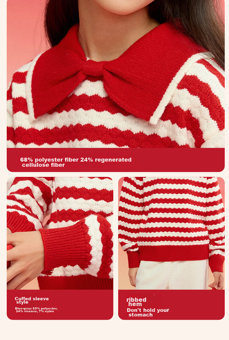 BALABALA Girls' Sweater, Children's Knitwear, Spring And Winter Striped Sweater, Bow-Tie Inner Layer Top 7