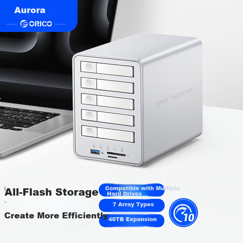 ORICO Full-Flash Magnetic Disk Array Hard Drive Enclosure, Five-Bay 2.5-Inch HDD/SSD Mechanical Hard Drive Solid State Drive Cage, 10Gbps External Enclosure for RAID, Model: RAID-8858RC3