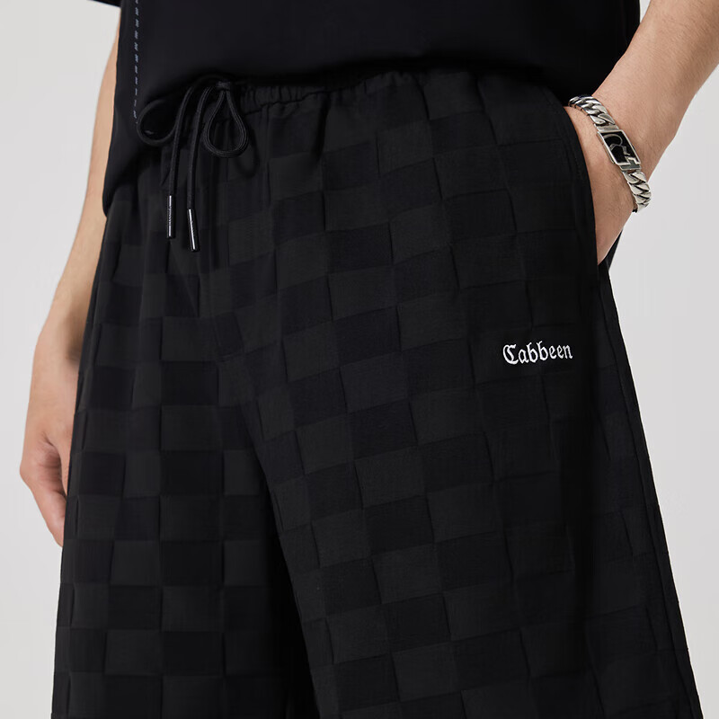 CABBEEN Men's Checkered Jacquard Sports Shorts, Summer Wide-Leg Sweatpants with Embroidery, Trendy, Coal Black, Size 48