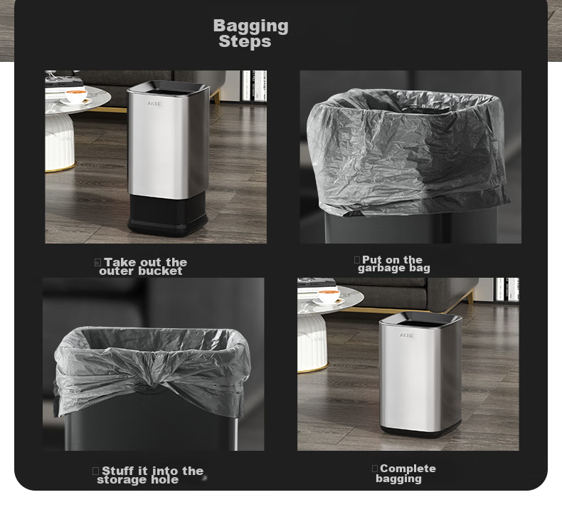 AKBK Stainless Steel Trash Can 15L Silver Large Square Bin for Living Room, Kitchen, Bathroom, Luxury Hotel, Office 9